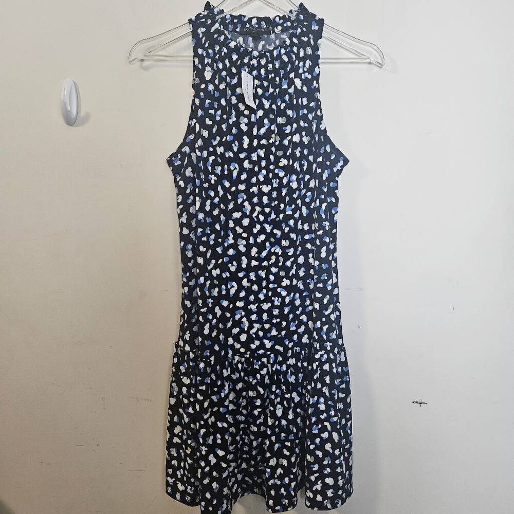 Banana Republic NWT Knit Flounce Shift Dress Black & White Multi Ruffle Trim Pre